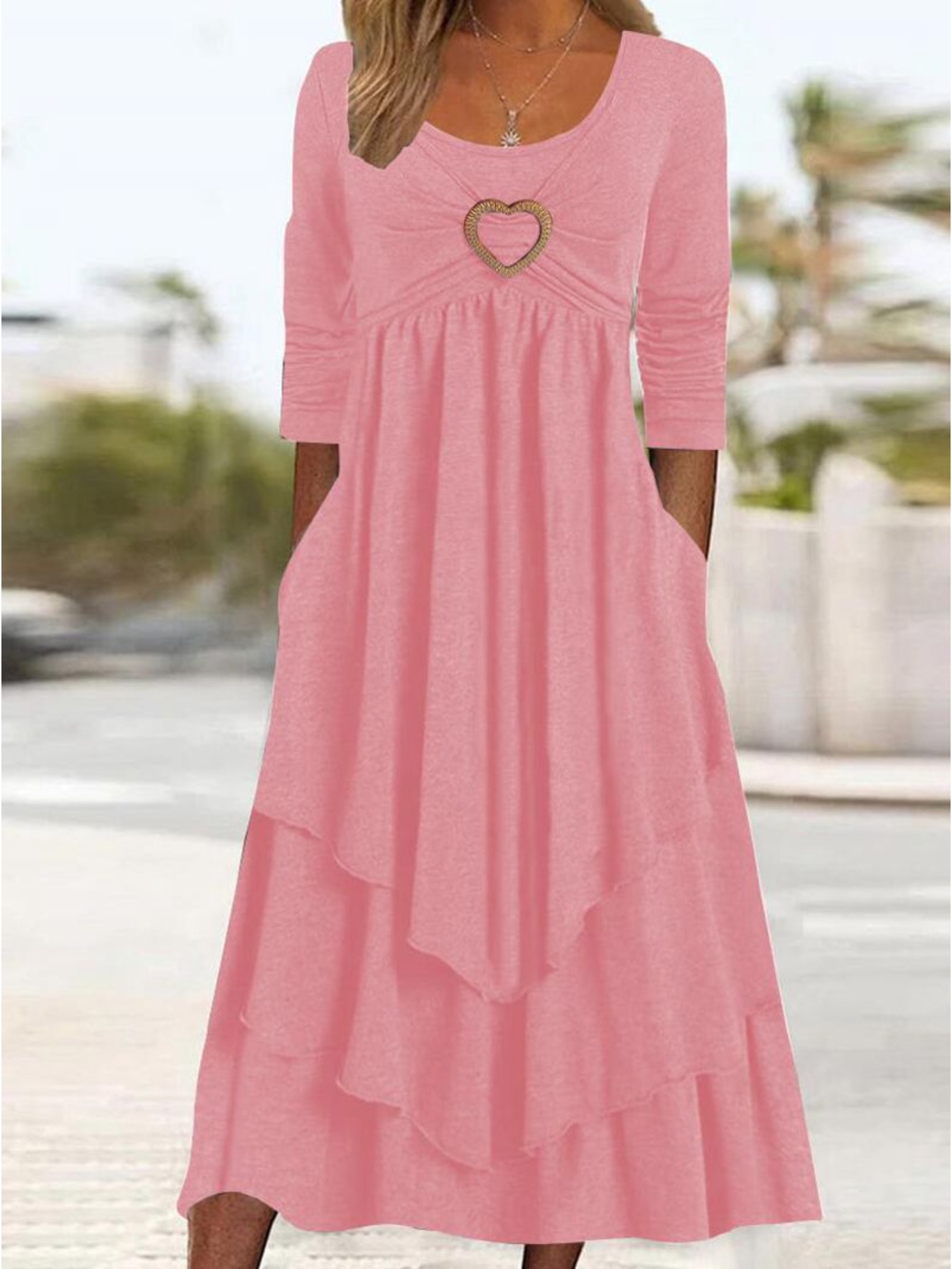 Women 2025 Long Sleeve Round Neck Ruffle Tiered Layered Casual A-Line Solid  Color Maxi Dresses