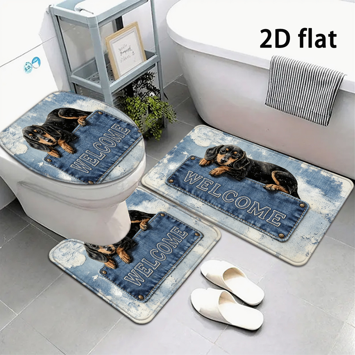 TEMU 2d Flat, 3pcs Suitable For Bathing Dachshund Rug & Toilet Cover - Denim Style With U-shaped Mat, Thick Soft Suitable For Shower, Bathtub, Toilet