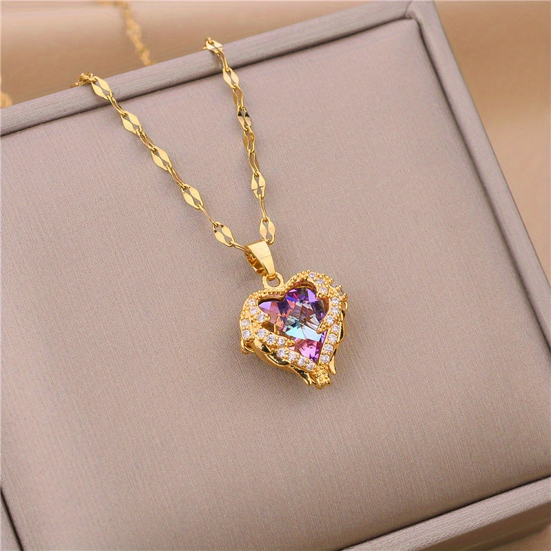 

Elegant Heart Pendant Necklace With Cubic Zirconia - Stainless Steel Chain, & Party Wear