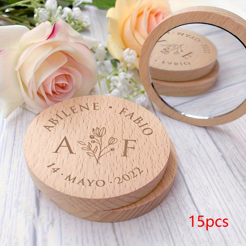 TEMU 15pcs Miroirs de poche en bois personnalisés avec les du mari et de la mariée - Design floral élégant, cadre en bois naturel, souvenir portable,