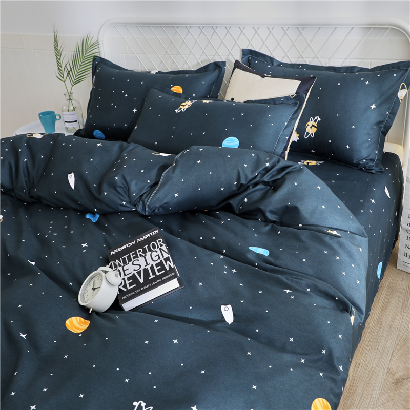 4pcs Set: Multi-Colored Planets + White Galaxy Stars Starry Sky Pattern, Modern Style Bedding (1 Duvet Cover + 1 Flat Sheet + 2 Pillowcases), Soft and Machine Washable Synthetic Fiber Fabric, Suitable for All Seasons, Does Not Include Comforter