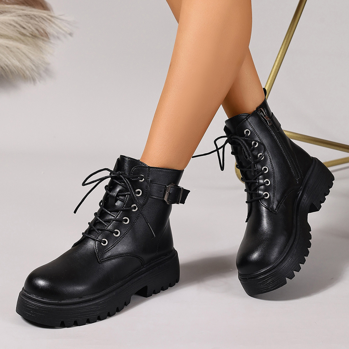 womens chunky platform boots lace ankle boots non slip Temu Finland