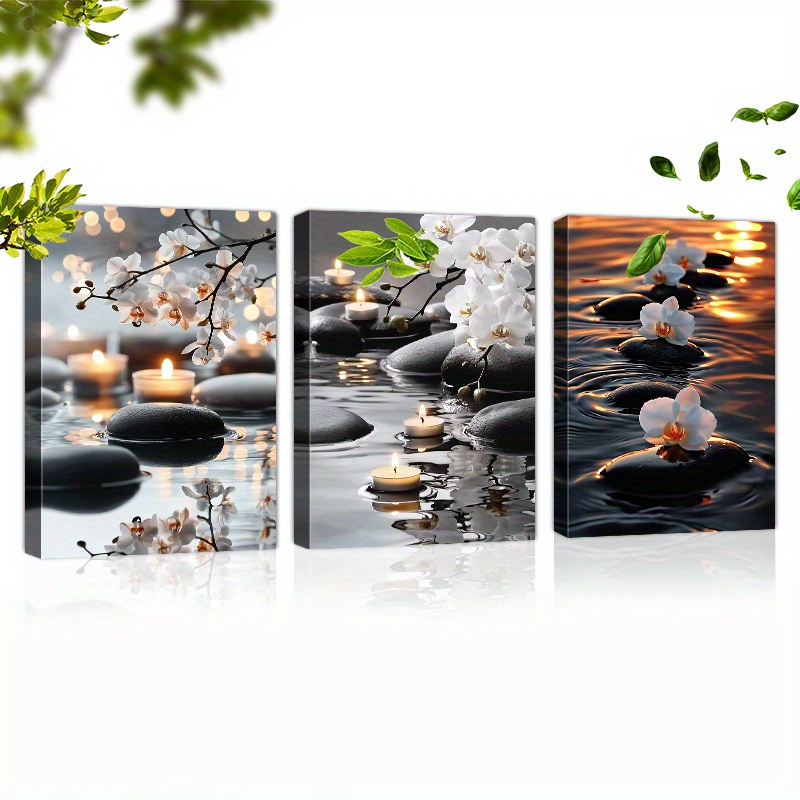TEMU 2D Plat, 3 Pièces d'Art Mural sur Toile Encadrée en Bois Prêt à Accrocher - Décoration Moderne Florale Zen avec , Impression sur Toile pour