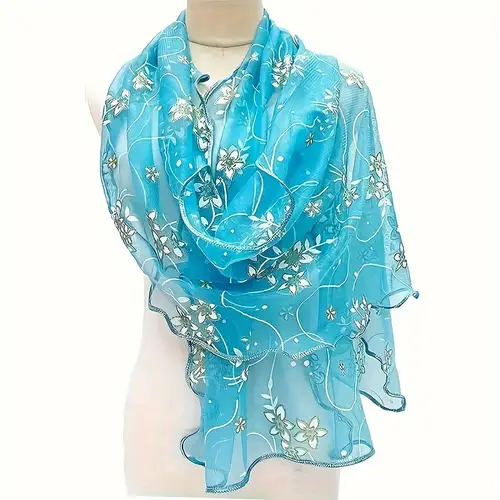bohemian floral embroidery scarf lightweight breathable windproof shawl sunscreen wrap elastic stretchy turquoise blue with white for women travel outdoor eid al fitr gift versatile fashion accessory vibrant fashion accent intricate print