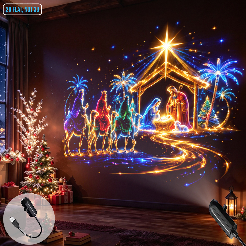 TEMU Portable Led Projector Night Light Usb Powered Nativity Theme 3 And Holy Family Ambient Decor Projection Lamp For Home Bedroom Christmas Holiday