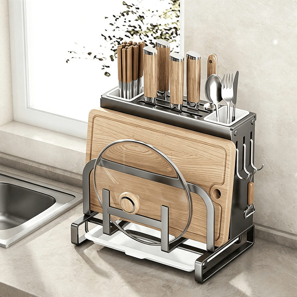 Image of Stainless Steel Kitchen Storage Rack Set With Wall-mounted Knife Holder, Cutting Board Rack And Pot Lid Organizer For Home Kitchen, Restaurant Use