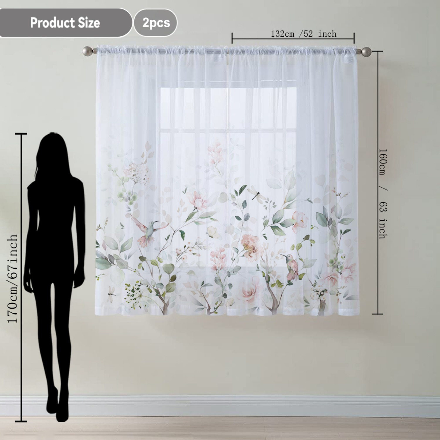 TEMU Launch 2pcs Rideaux Voilages Décoration Intérieure avec Ourlet Floral , Parfaits pour Cuisines, Cafés, Salons, à Manger, Balcons, et Chambres