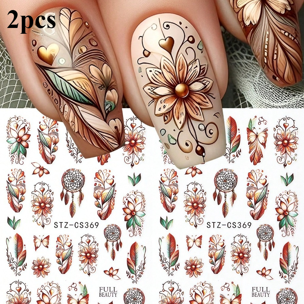 Image of 2pcs Feather And Flower Nail Stickers, Retro-style Floral Totem Self-adhesive Nail Decals, Spring And Summer Nail Art Stickers, Diy Nail Accessories.