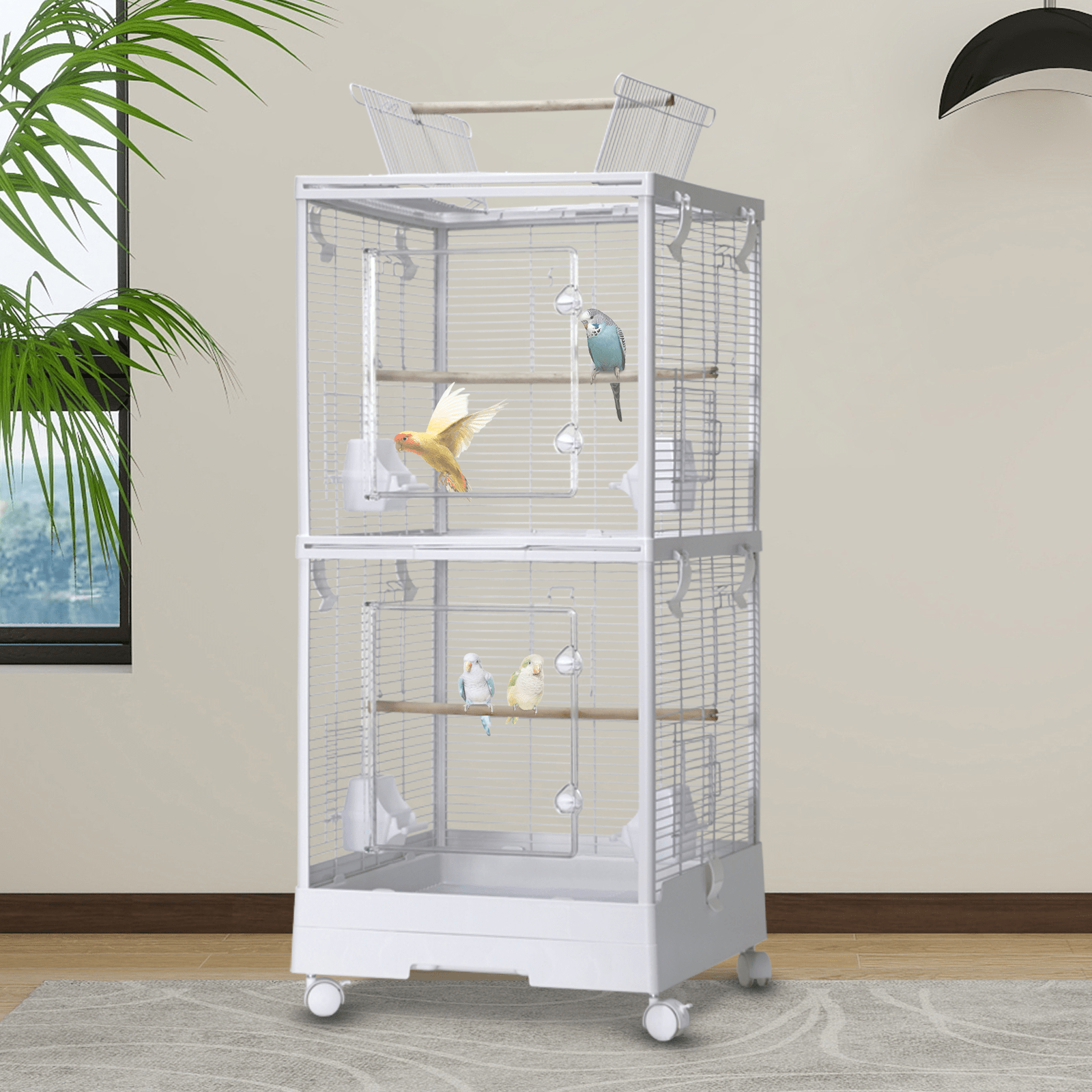 large white double layer bird cage suitable for budgies   parakeets with rolling stand removable tray perches feeding bowls   play roof easy to clean   aviary for outdoor use 100x46x46cm