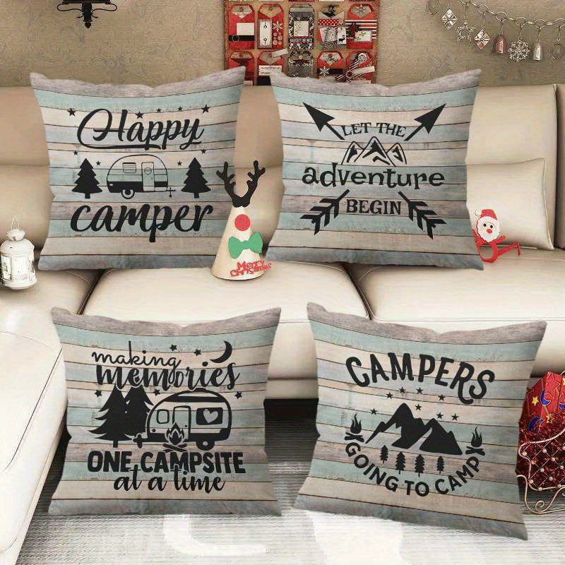 E-shop 4 Stück Kurzflauschige Camping-Kissenbezüge 18x18 Zoll, Lebendiges RV-Camping-Dekor mit Abenteuer-Zitaten, Reversibler Reißverschluss-Design,