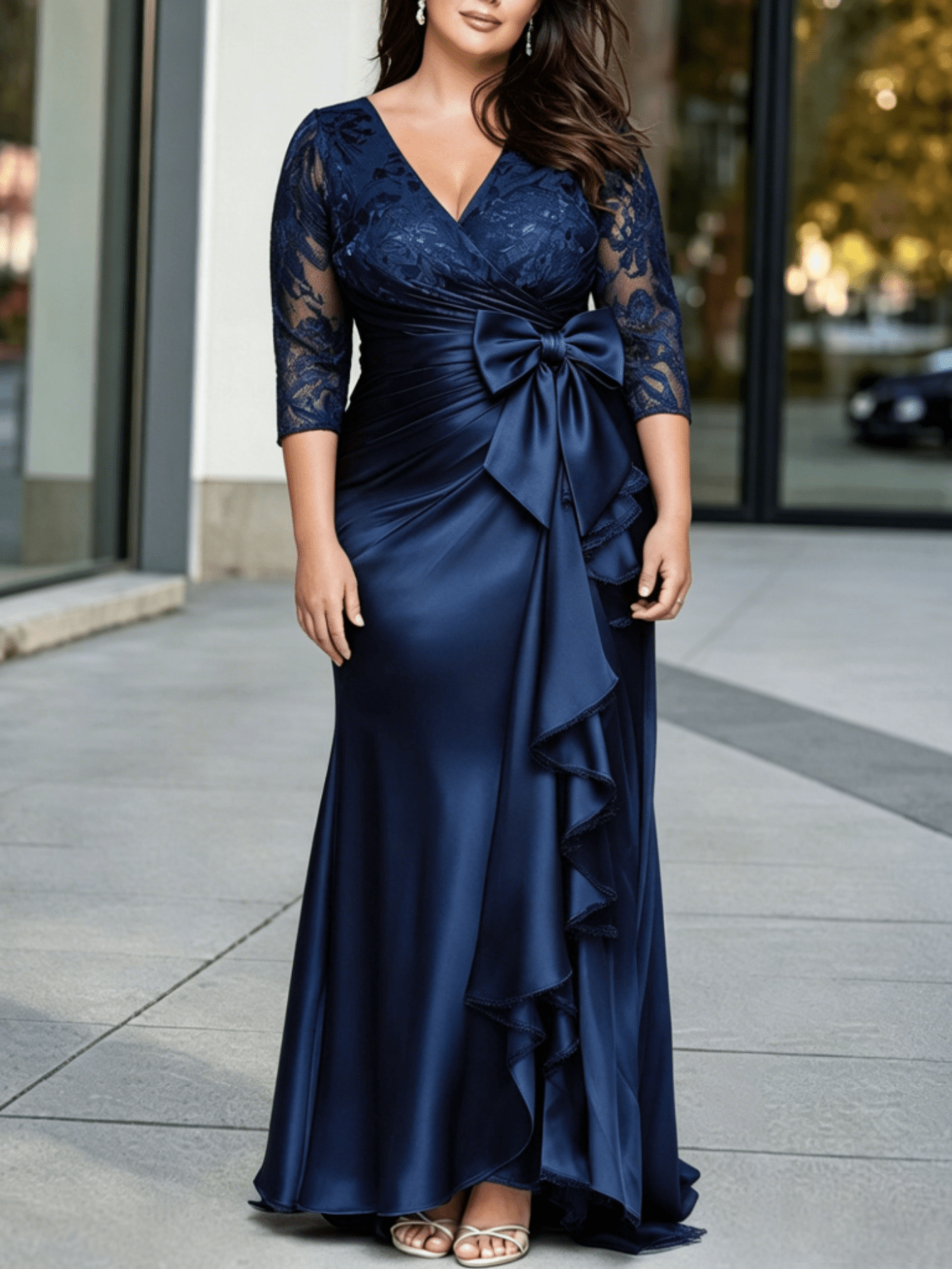 Plus Size - Plus Size - Plus Size V-Neck Lace Three-Quarter Sleeve Bow  Waistband Mermaid Maxi Evening Dress | Vintage Elegant Style * Wedding  Guests, Afternoon Tea, Garden Parties And Anniversary ...