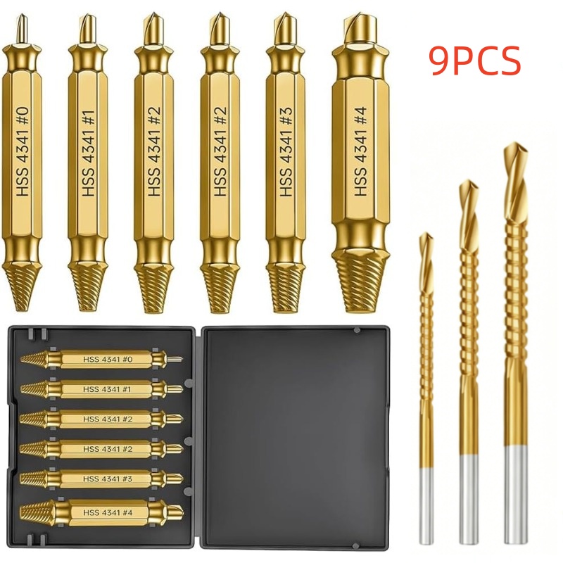 TEMU 9pcs Golden-titanium Screw Extractor Kit, Hss 6542 Material, 80hrc High Hardness, Durable Universal Drill Bit Set, Quickly Removes Broken,