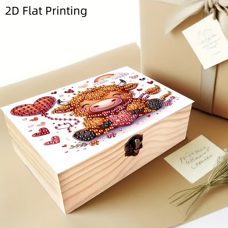 TEMU 1pc Diamond Painting Art Kit, Diy Handmade -shaped Cow Pattern With Locking Wooden Box, Multi-functional Small Item Storage Box, Jewelry Box,