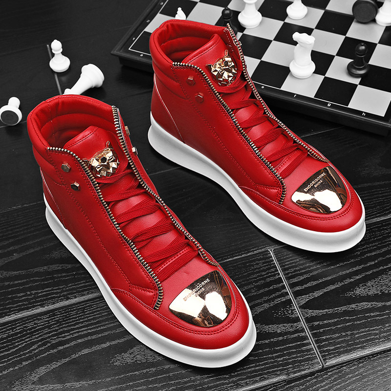 

Men's High-top Casual Sneakers In Red With White Sole - Breathable, , Lace-up Shoes, For All , High Top Sneakers