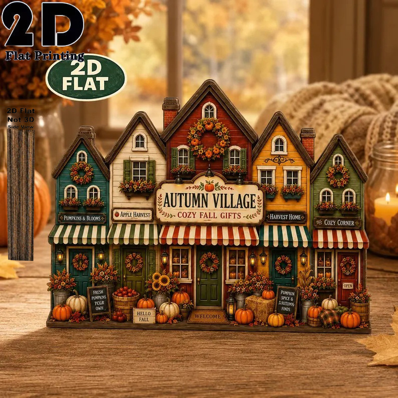 TEMU 2d Flat, 1pc Wooden Retro Autumn Countryside Wooden House Desktop Decoration Ornament, Harvest Theme Farmhouse Pumpkin Village Shelf Sign,