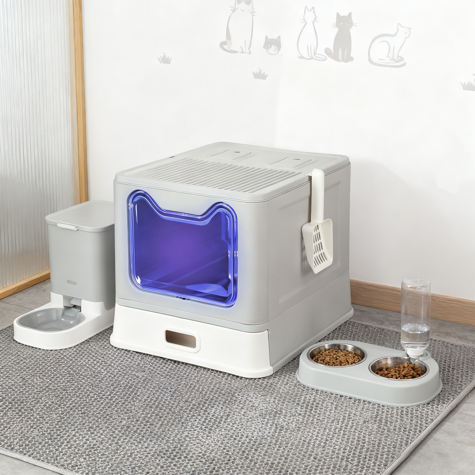 Image of Stainless Steel Cat Litter Tray | Cat Toilet With 2 Deodorizing Packs, 46x40x39cm, Gray