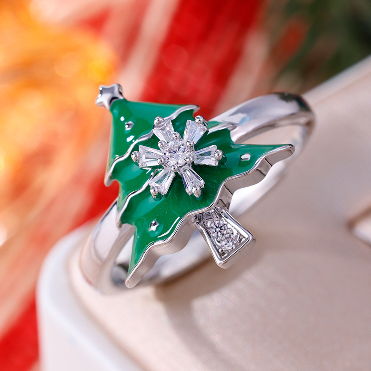 Christmas Tree Open Ring with Snowflake Zirconia, Festive Jewelry