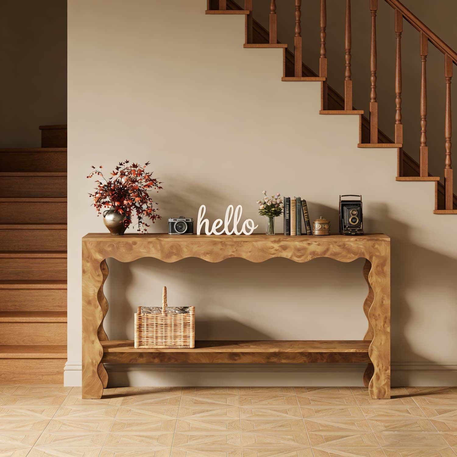Image of 2 Tier Console Table, 160cm Length Narrow Hallway Table With Waveform Legs, Country House Style Sofa Table For Living Room, Entrance Area And Hallway, Light Brown