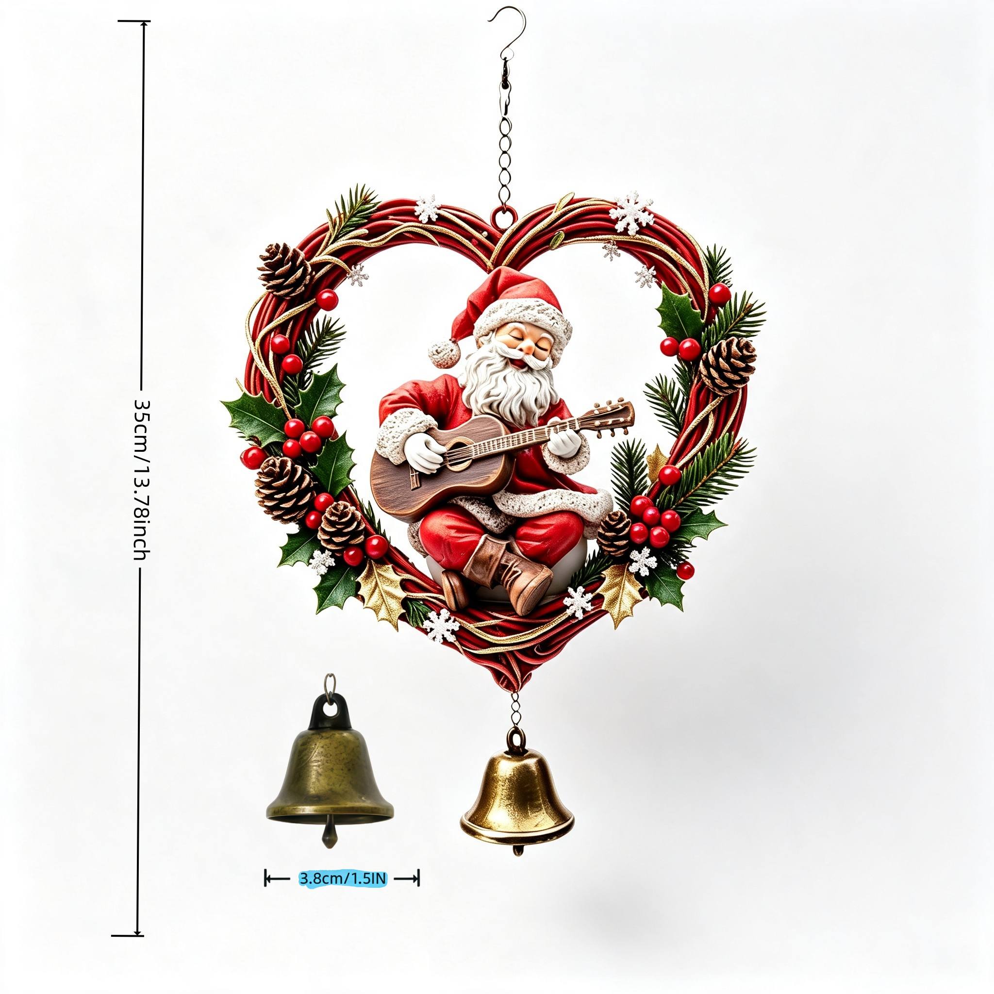 TEMU Heart-shaped Wreath With Santa Claus Playing A Guitar And Single Wind Chime Pendant, Suitable For Hanging On Indoor Windowsills, , And Outdoor