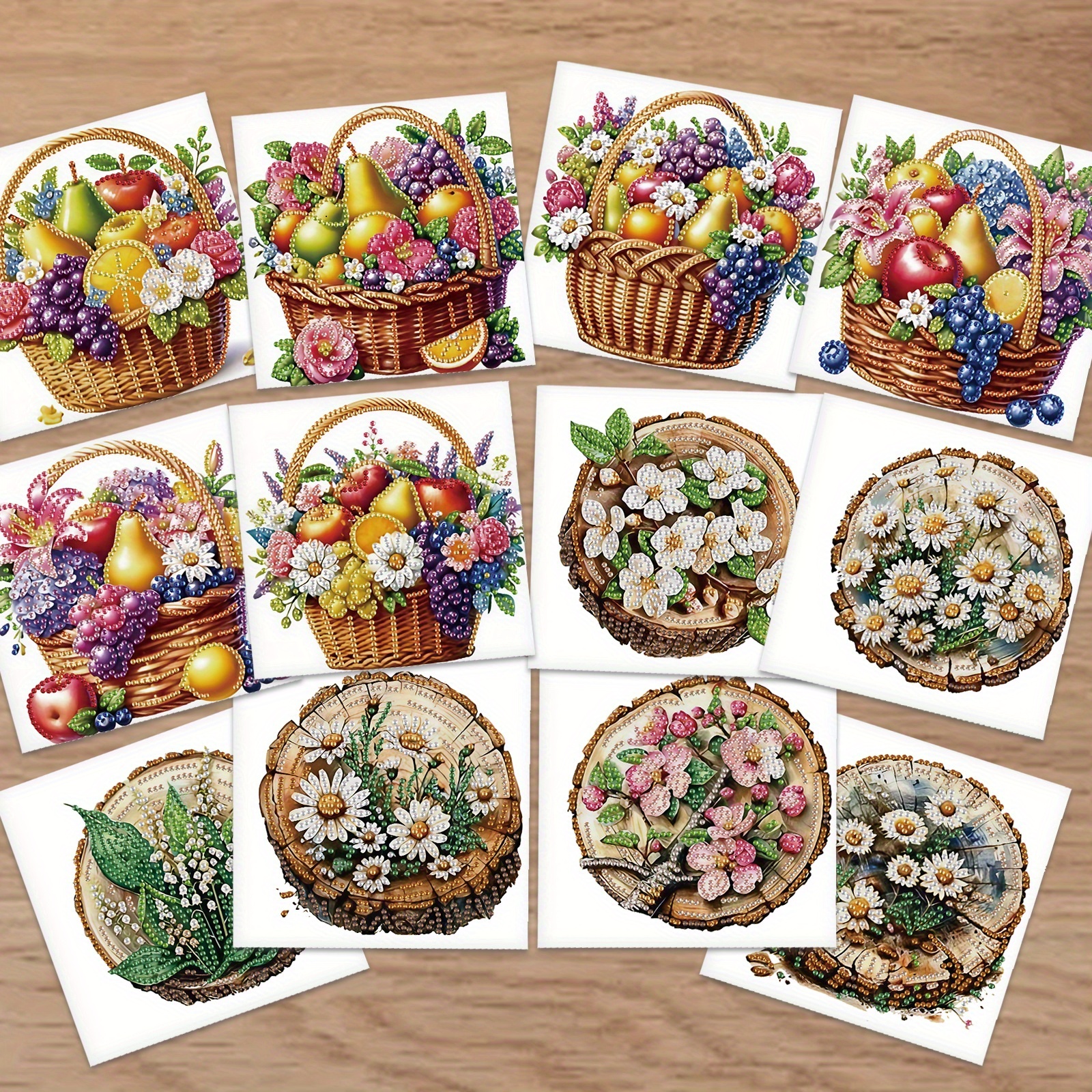 TEMU A 12pcs Diamond Painting Greeting Card Set, Featuring Handmade Holiday Cards With Envelopes. This Kit Includes Designs Of Fruits And Flowers