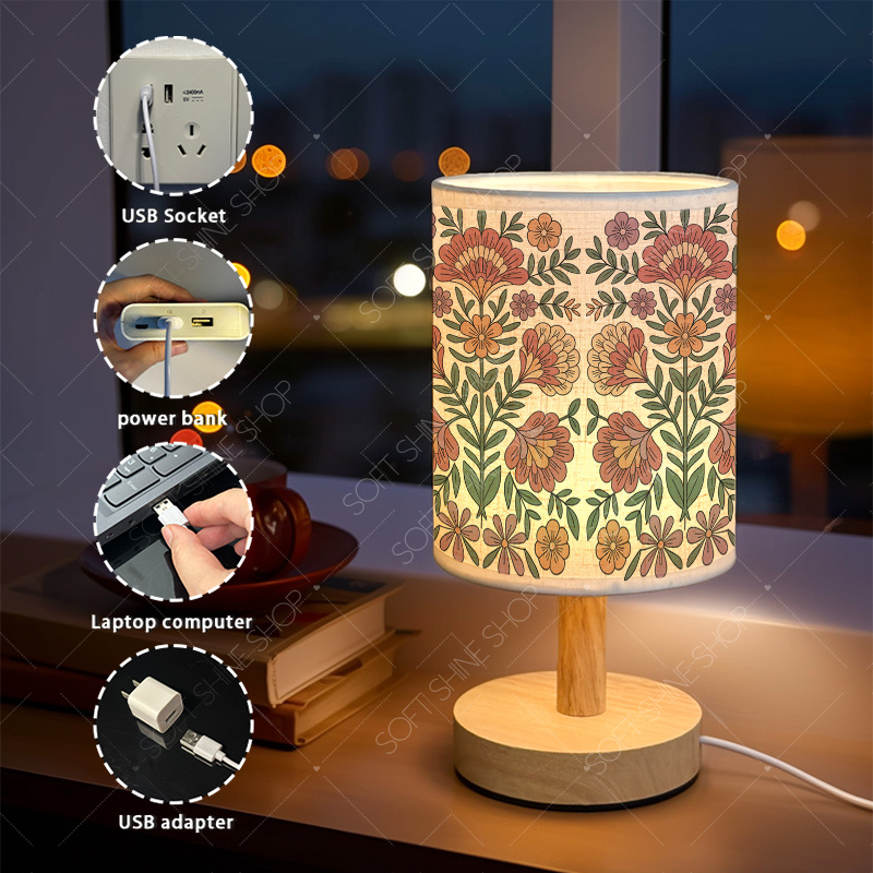 Printed Fabric Shade Table Lamp, USB-Powered LED Light