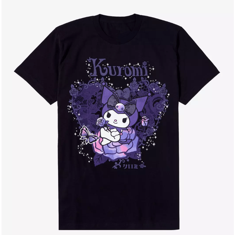 

T-shirt Sanrio Kuromi pour Femme - Col Rond Décontracté, Manches Courtes, Mélange de Polyester Extensible, Lavable en Machine, Noir avec Accents Violet et Rose