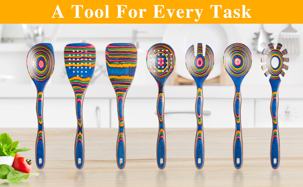 7pcs Pakkawood Blue Wooden Cooking Utensil & Spoon Set - Non-Stick Wood Kitchen Tools with Spatula, Slotted & Solid Spoons Suitable for /Outdoor Use, Holiday Gift (Christmas, Mother' Day)