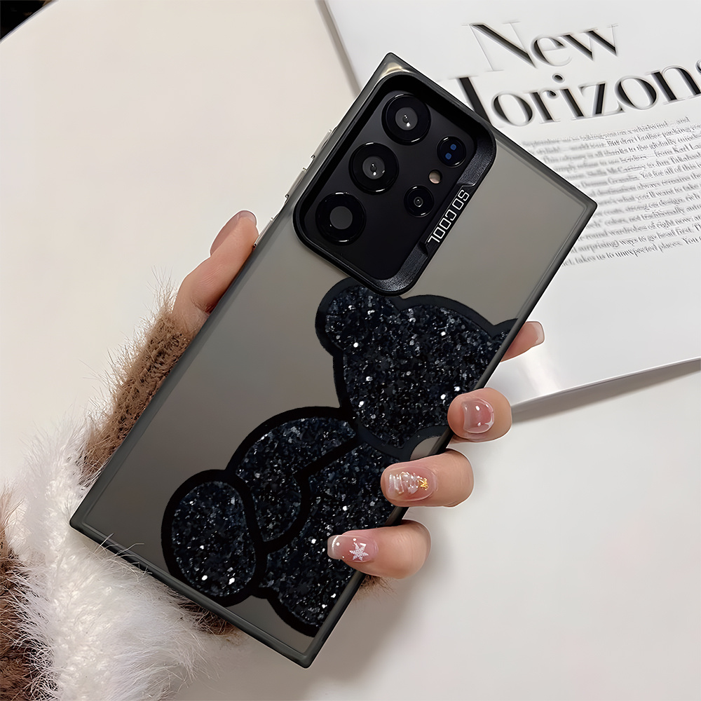 Image of Phone Case: Black Glitter Bear Pattern Phone Case, Trendy Premium Texture Cover For Galaxy S24 Ultra/s24/s23 Ultra/s23/s22 Ultra/s22/s21 Ultra/s21/s26 Ultra/s26/s25/s25plus/s25ultra