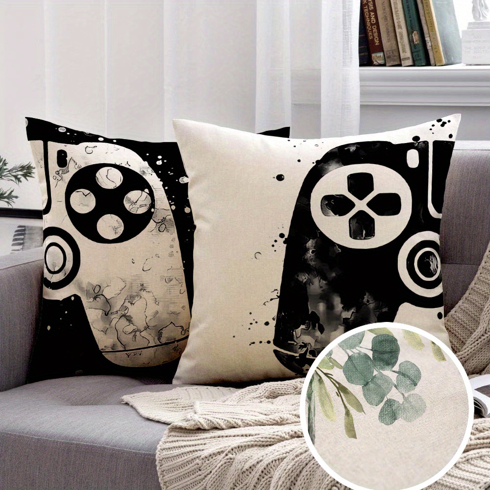 TEMU 2 Fundas de Almohada Gamer's - Diseño de Controlador y Eucalipto, Impresión Unilateral, Tamaños 17.7" & 15.7", Cremallera, Lavable a Máquina -