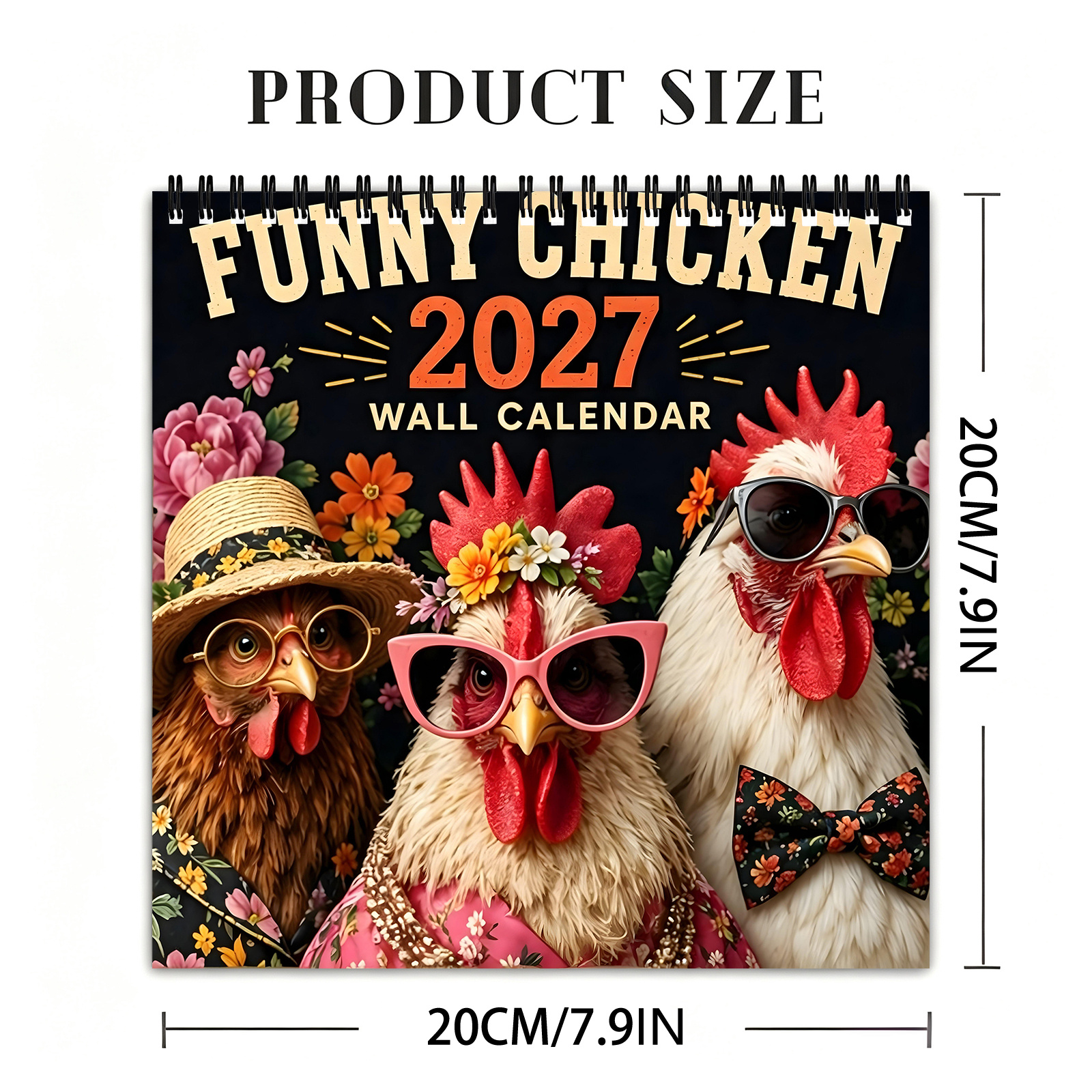 TEMU Calendrier mural drôle 2027, 12 mois Jan. 2027 à Déc. 2027, poulets anthropomorphes habillés mignons, scènes drôles, calendrier mural , reliure