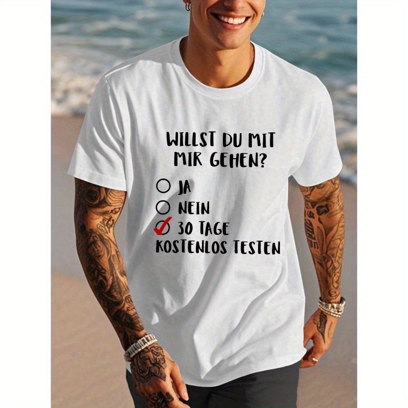 

Men's Casual German Quote T-shirt - Black Polyester, Short Sleeve, Round Neck With "will It Cost 30 Bags" Print, Machine Washable Summer Top