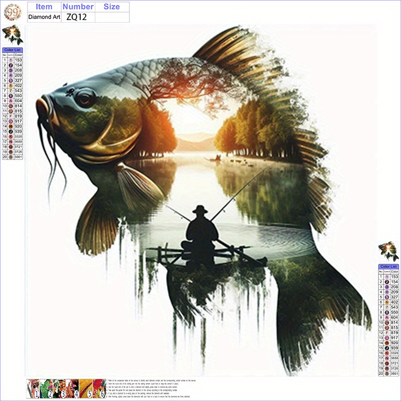 TEMU 5d Diamond Painting Kit - Natural Scenery, Carp And Fisherman Double Layer , Living Room Bedroom Wall Art Holiday Gift