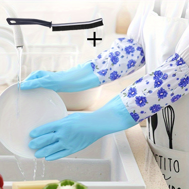 TEMU 3pcs Set (2pcs Cleaning Gloves And 1pc Cleaning Brush) Winter Cleaning Long-sleeve Fleece Warm Gloves, Exquisite Printed Style Good-looking And