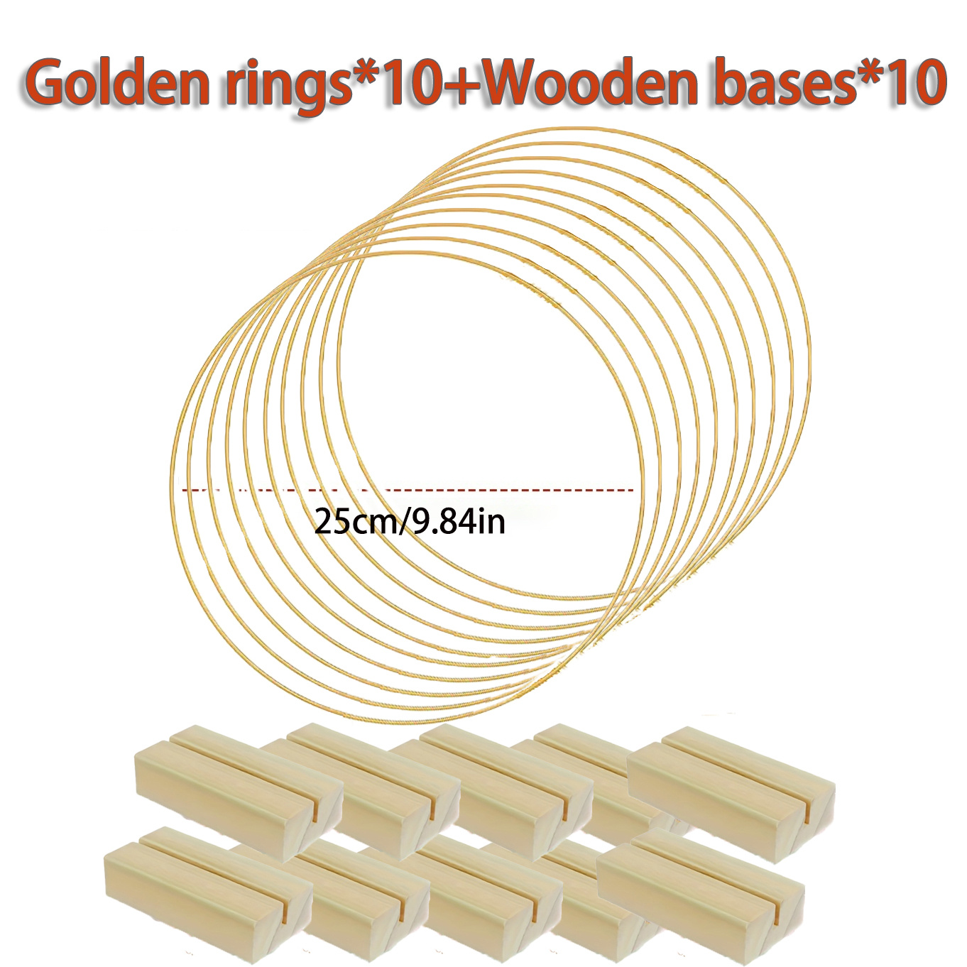 E-shop 20 Stück goldene Metallkranz-Dekobasis, inklusive 10 goldene Metallringe 10 Holzbasen, DIY-Dekorationsmaterial für Kränze, für Hochzeits-