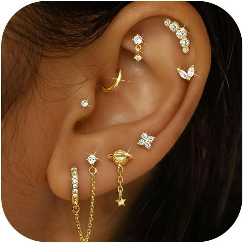 Image of 2d Flat - Set Of 8 Helix Piercing Additions Including Flat Back Earrings, Helix Studs, Chain Hoops, And Jewelry For Cartilage, Daith, Tragus, Rook, And Conch Piercings