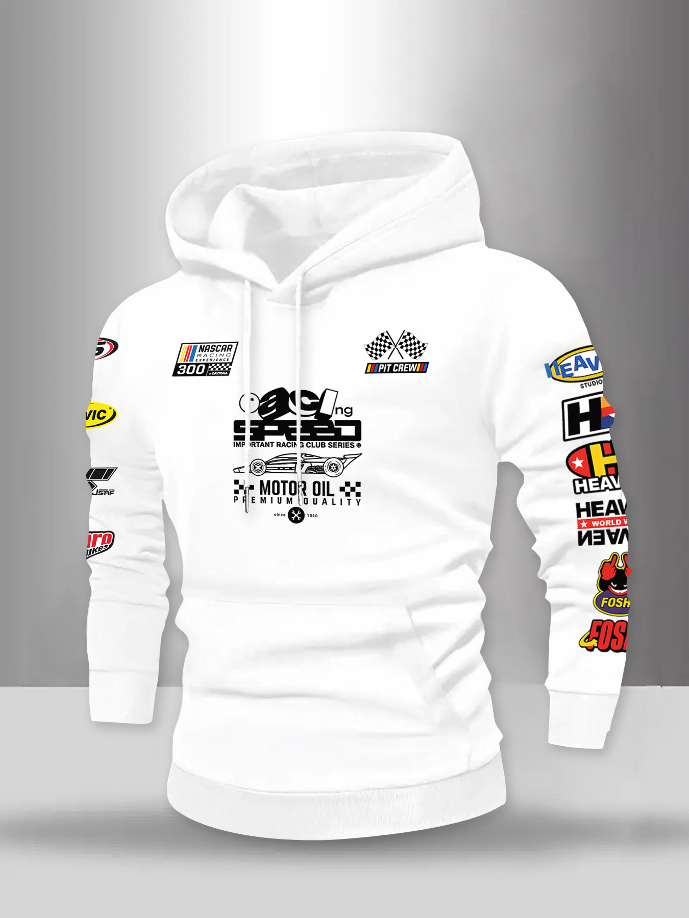 Herensweater met capuchon en racethema en veelkleurige race-graphics