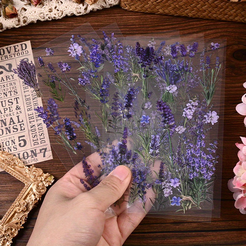 6 Sheets/pack Lavender Stickers - Realistic Purple Floral Pet Transparent Waterproof Decals For Scrapbooking, Journals, Gift Wrapping & Diy Crafts, Journal Decoration, , Durable Adhesive