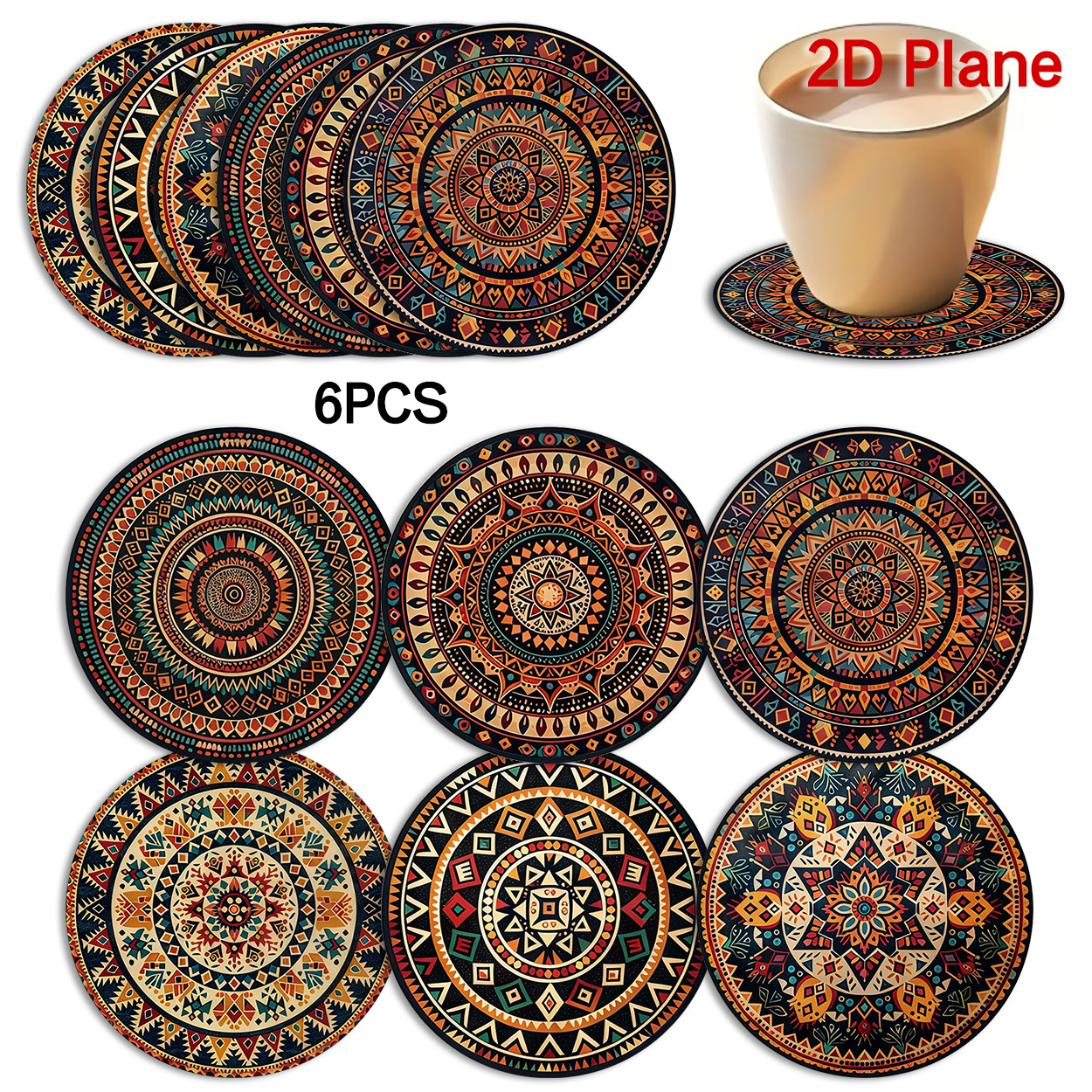 TEMU 6pcs Set-bohemian Tribal Pattern Wooden Coaster Set With Tribal Geometric Patterns, Suitable For Restaurants, Kitchen Accessories, Home Office