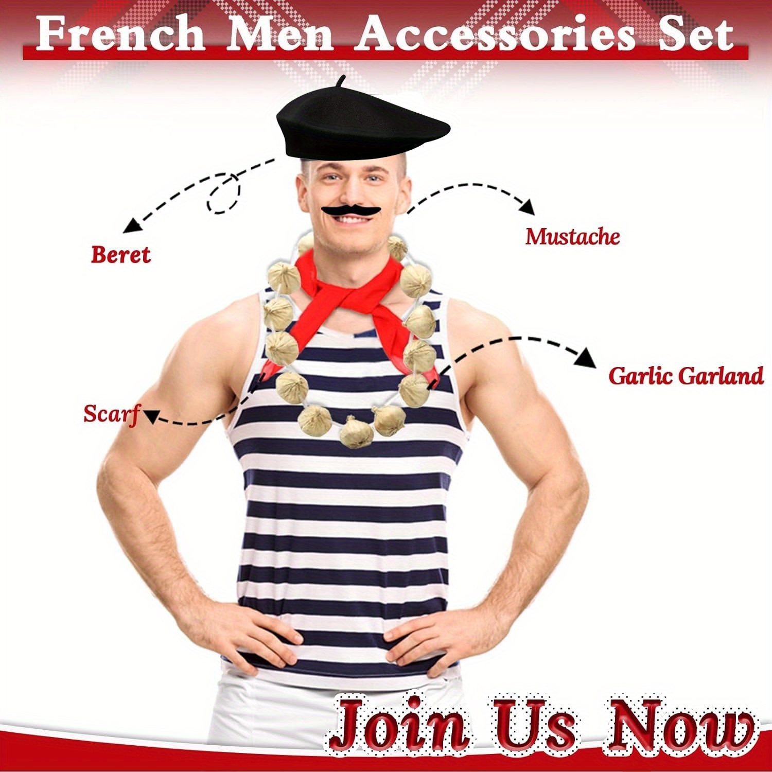 9pcs French *'* with Beret, Moustache, Scarf, Garlic Necklace, Roaring 20s  Costumes, Great Costume for Cosplay Party Supplies