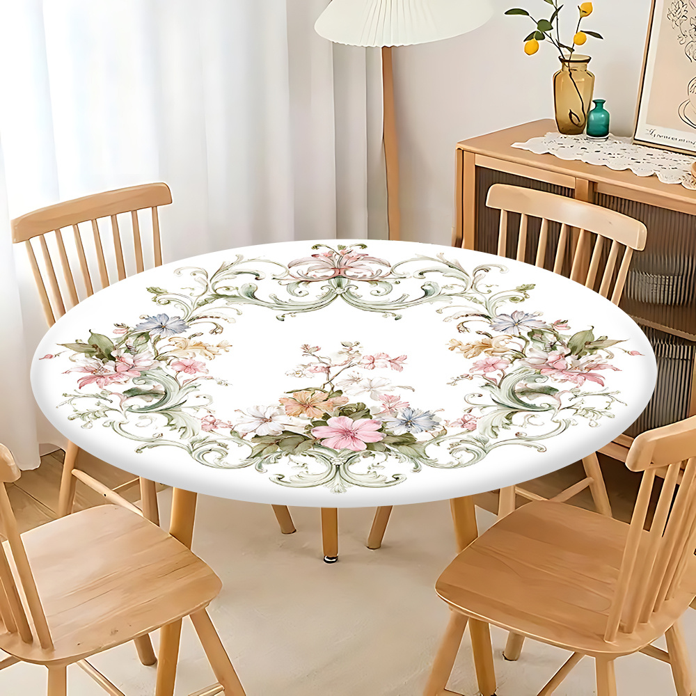 TEMU Nappe Ronde Extensible 2D Plate 1 pièce Imprimé Floral Aquarelle Vintage, Nappe Ronde Décorative de Style Français, Amovible et Facile à