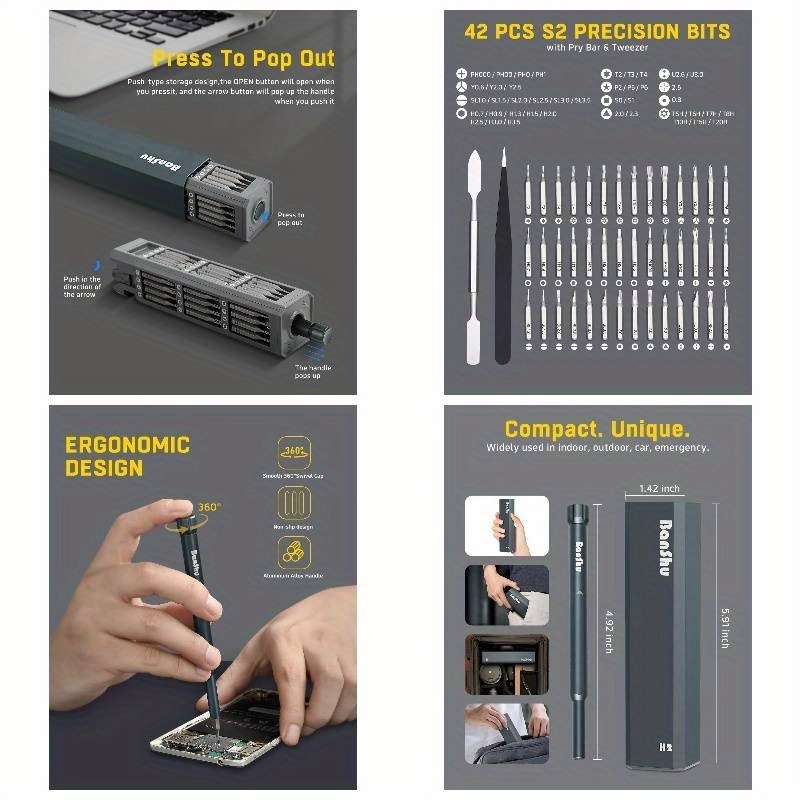 compact precision screwdriver set with magnetic tips - heavy-duty metal construction, ergonomic grip -   tool kit with phillips, flat, torx/hex bits - for electronics, smartphones, laptops, cameras, eyeglasses, watches, toys - ideal for diy, professional & home use - no power required -   s2 steel bits & screwdriver case - compatible with pc, tablet, small appliances - precision mini screwdriver set for tight spaces, 50 magnetic bits, electric screwdriver, grey - Product details 0