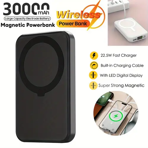 30000mah magnetic wireless power bank with led display 22 5w fast charging built in usb type c cables for iphone samsung android portable external battery pack black
