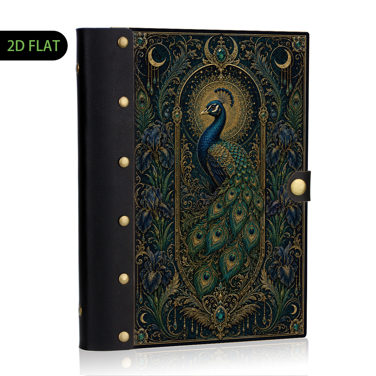 TEMU 1pc Teal Vintage Gem Crescent Wood Leather Binder Notebook, Refillable Loose Leaf, 2d Flat Hard Shell Metal Rivets, Eye-friendly , School For