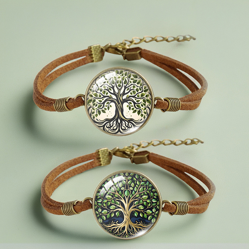 TEMU 2pcs Men's Tree Of Life Bangle Bangle Bracelet - Handmade Glass Dome Beads Suitable For Holiday Gifts, Glass Dome Bead Jewelry For Christmas,