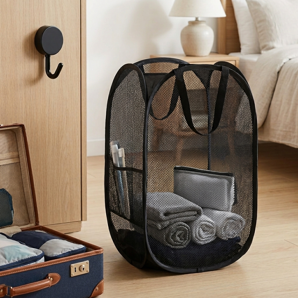 TEMU 2pcs Set [1pc Dirty Clothes Basket And 1pc Hook] Large Capacity Foldable Mesh Laundry Basket, Reinforced Top Frame Lightweight And Portable,