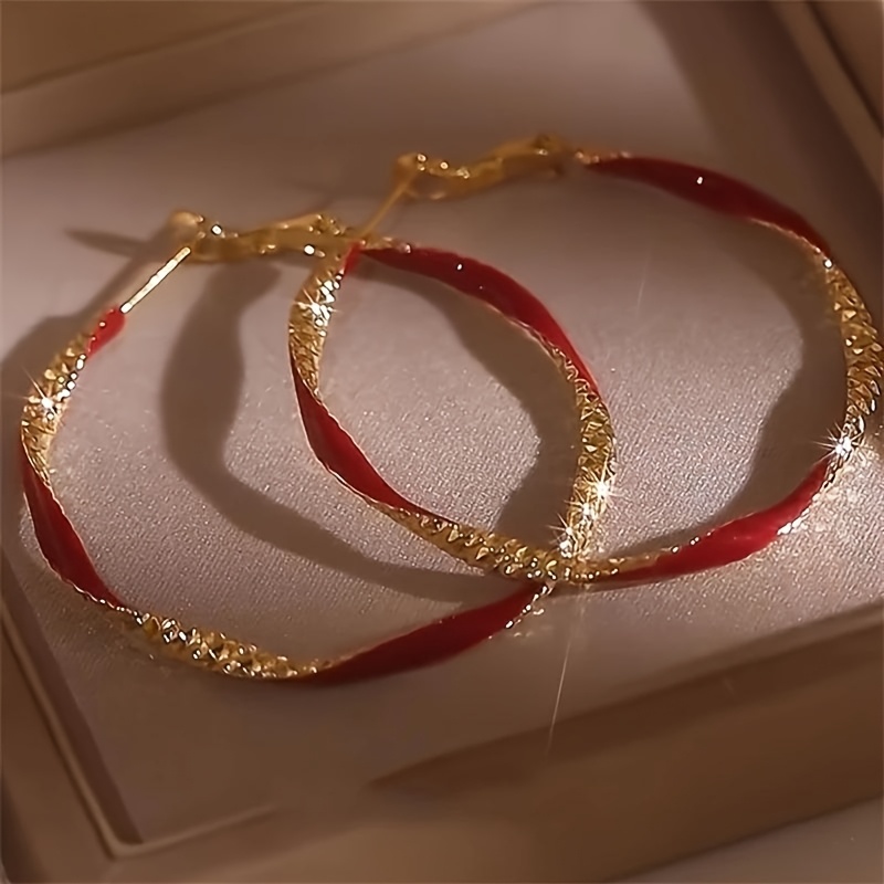 TEMU Paire de nouvelles boucles d'oreilles rondes torsadées en glaçure rouge, boucles d'oreilles vintage haut de gamme faciles à enfiler, boucles