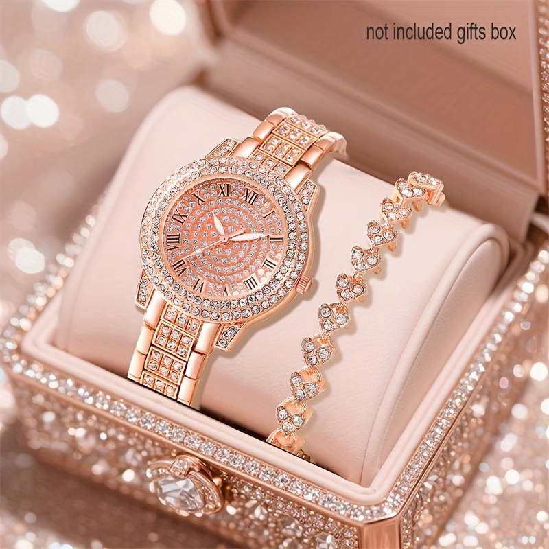 TEMU 2pcs/ Set Women's Watch Set, Watch Bracelet- With Sparkling Rhinestones- Exquisitely Beautiful, Perfect For Women' Wear, Stylish