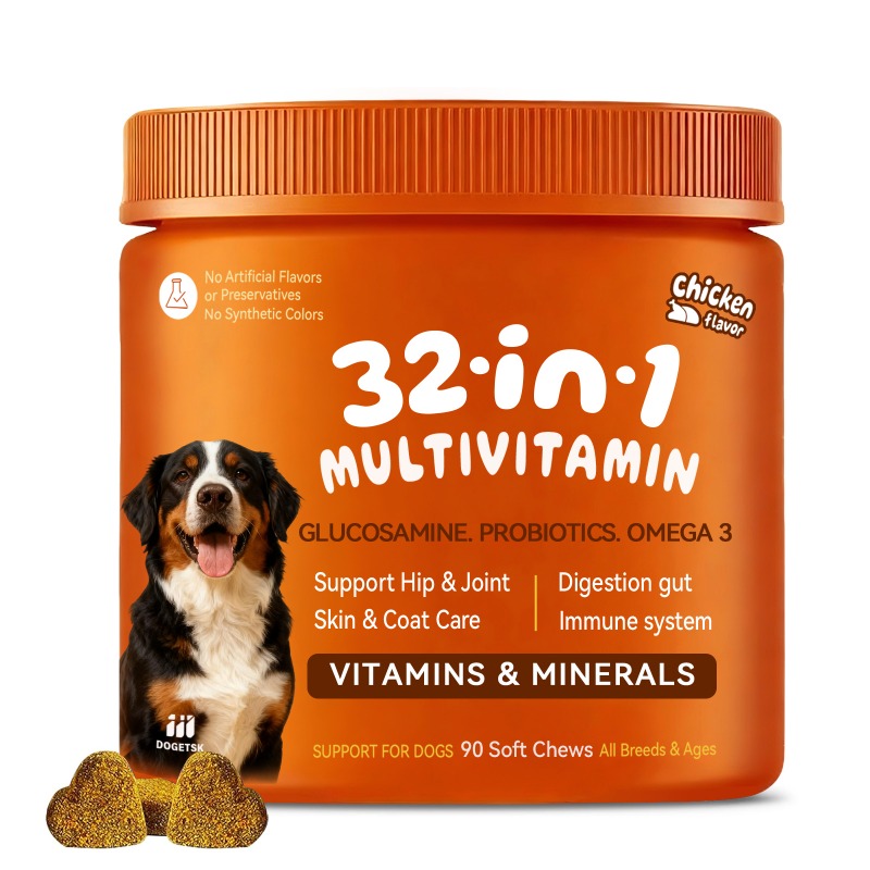 Dog Multivitamin - Rich In -3, Probiotics, And , This 32-in-1 Health Vitamin Supplement Contains 90 Soft Chew Tablets. Beneficial For Skin, Coat, And Health. Chicken Flavor, A Treat Suitable