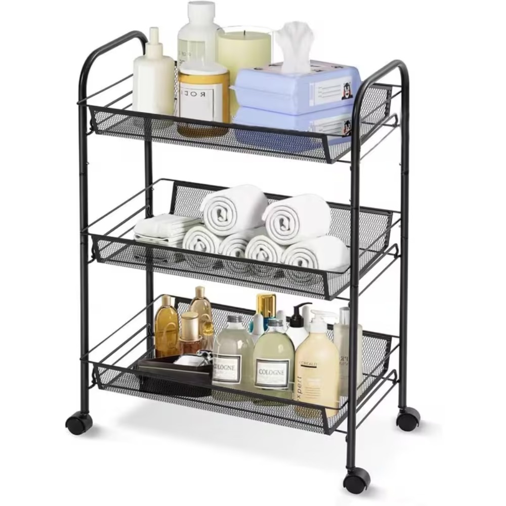 Image of Black Storage Trolley With 3 Tiers And 4 Wheels, Equipped With 4 Hooks. Suitable For Kitchens, Bathrooms, Bedrooms, And Offices, Standing Shelf, Standing Shelf