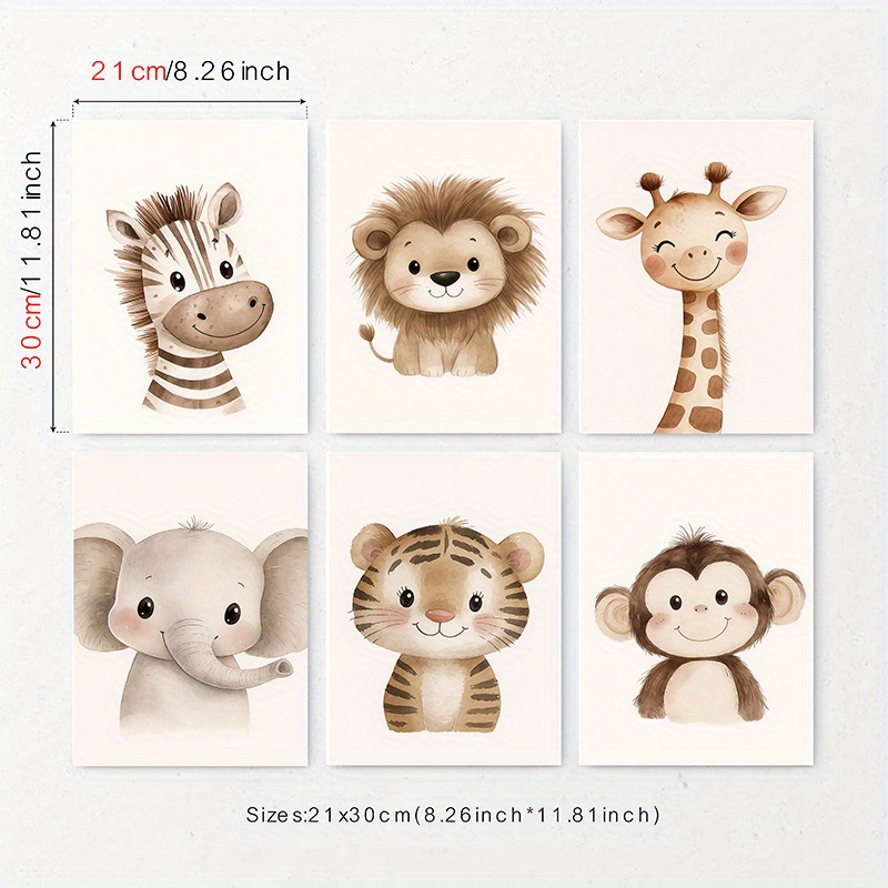 2d Flat, 2d Flat, 6 Sets Of Adorable Jungle Animal Wall Art Prints Featuring , Giraffes, Elephants, Monkeys, Tigers, And , Perfect For Decorating Rooms